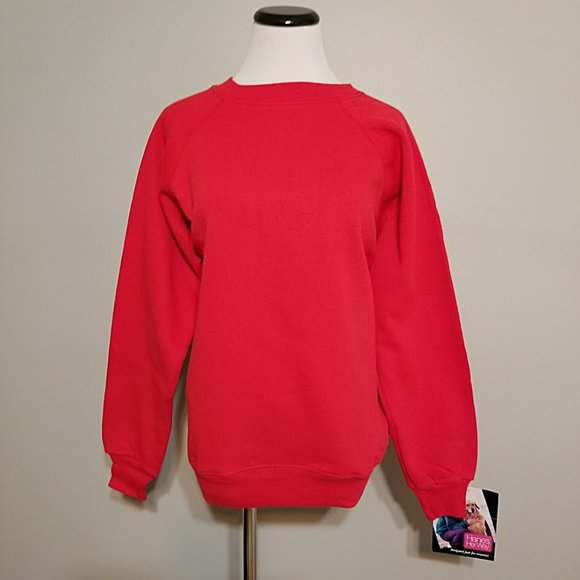 Nos Vintage Red Raglan Sweatshirt Hanes Her Way 90s Blank USA Made Large Womens - Picture 1 of 11
